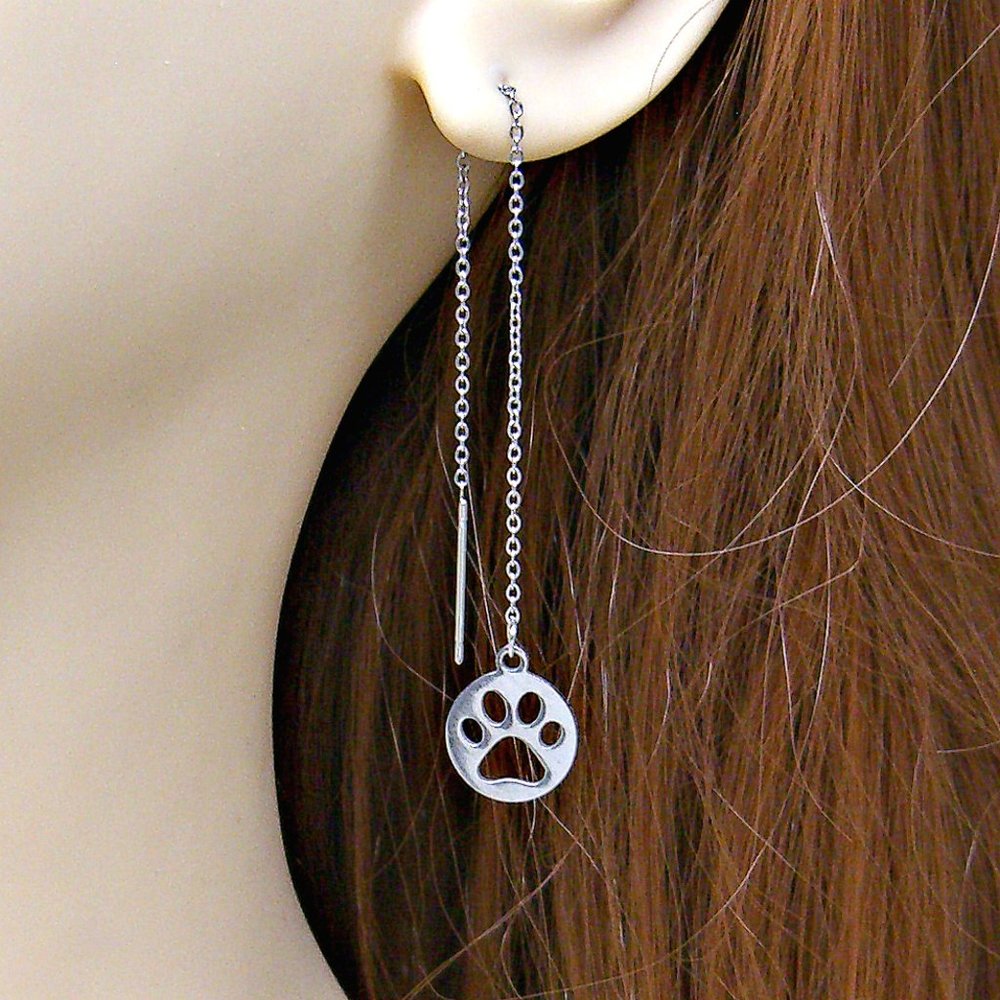 Paw Print Pet Dog Cat Silver Ear Threads Threader Earrings 4.5" Adjustable 17ET